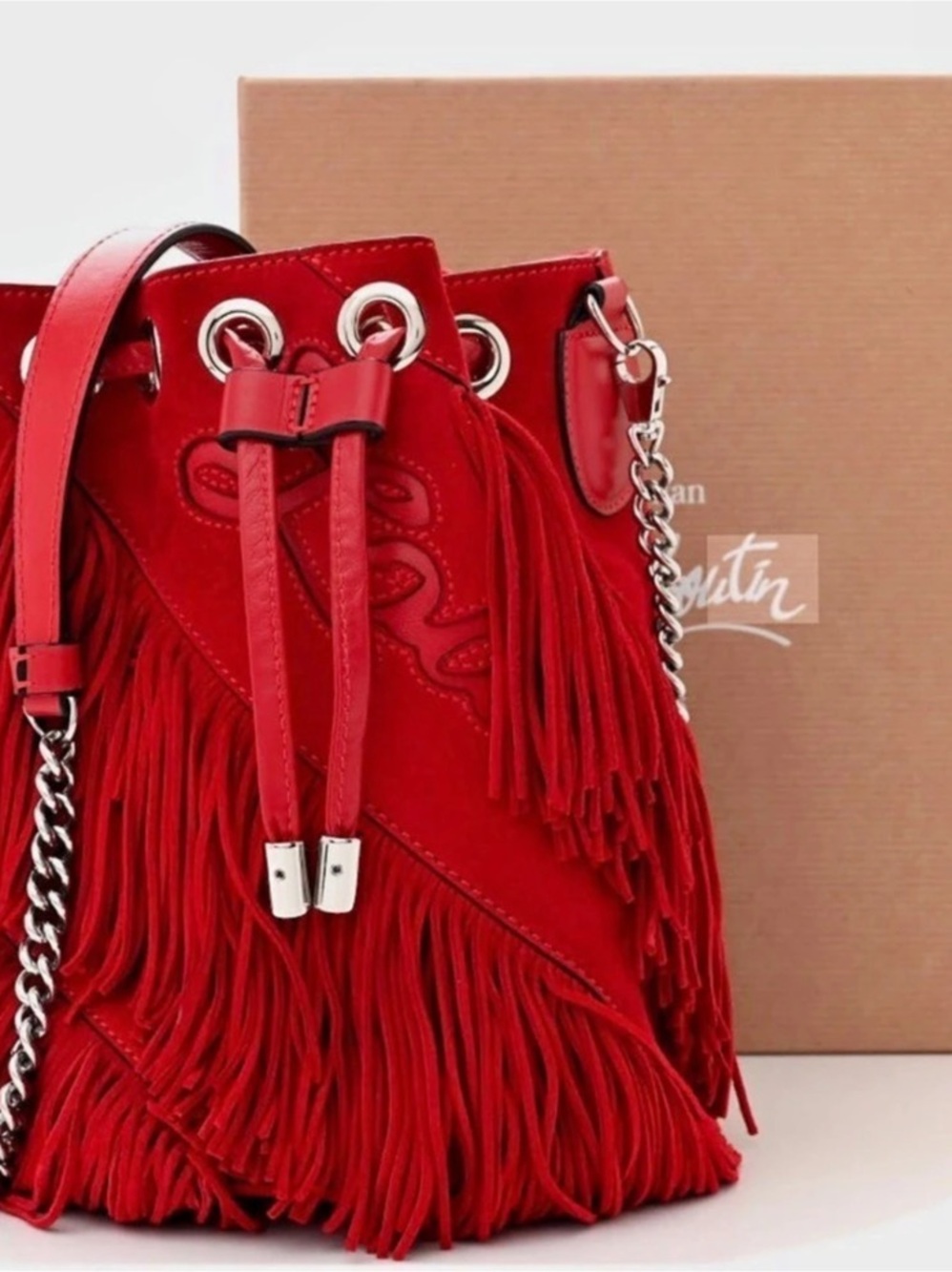 Christian Louboutin Marie Jane Suede Fringe Bucket Bag Crossbody in Red